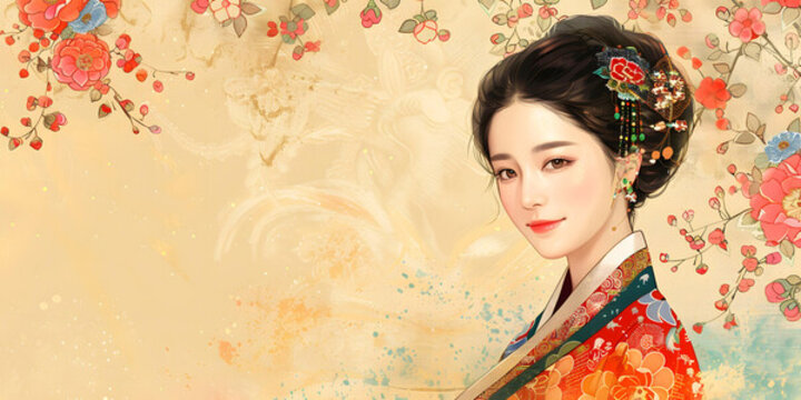 插畫手繪唯美古風(fēng)女子漢服少女
