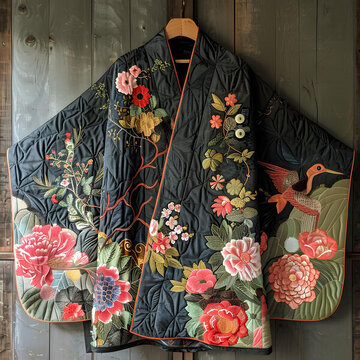 一件繡有花卉和蜂鳥(niǎo)圖案的和服式絎縫外套