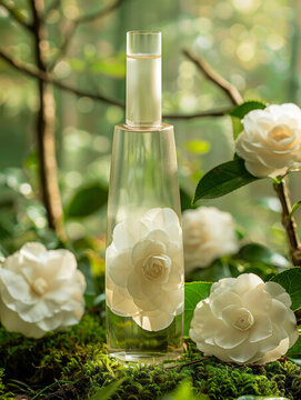 白色山茶花與透明香水瓶