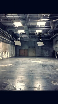 空曠的工業(yè)建筑內(nèi)部，暴露的管道和照明