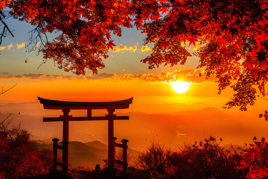 夕陽下的紅色鳥居和秋葉