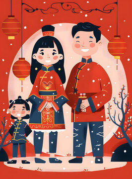新年快樂(lè)全家福插畫(huà)