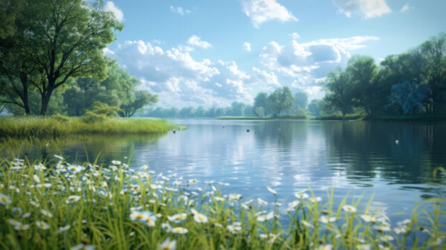 令人沉醉的綠樹白花湖泊
