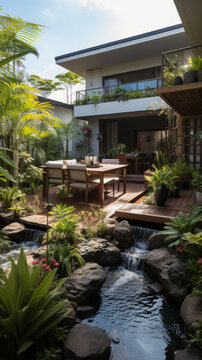 熱帶植物和池塘庭院
