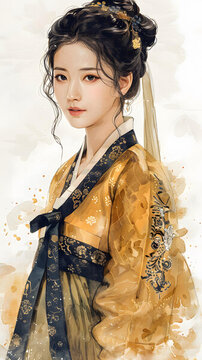身穿韓國傳統(tǒng)服飾的美女插畫
