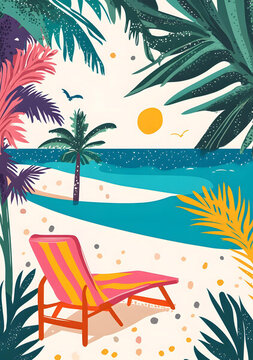 夏日海灘棕櫚樹和躺椅插畫