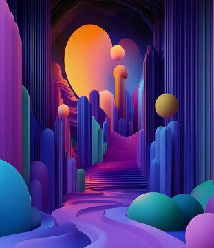 3D 形狀和彩色燈光構(gòu)成的抽象霓虹城市景觀