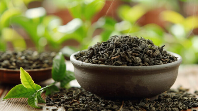 綠茶葉在一個(gè)碗里碗的周圍是綠色的茶葉