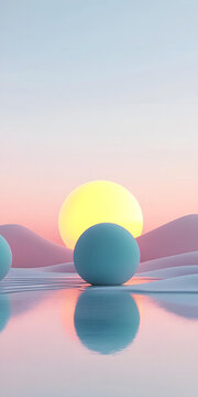抽象極簡(jiǎn)主義景觀，3D球體和日落