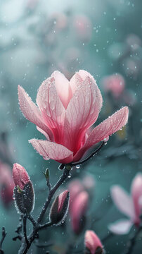 雨滴落在粉色的玉蘭花上
