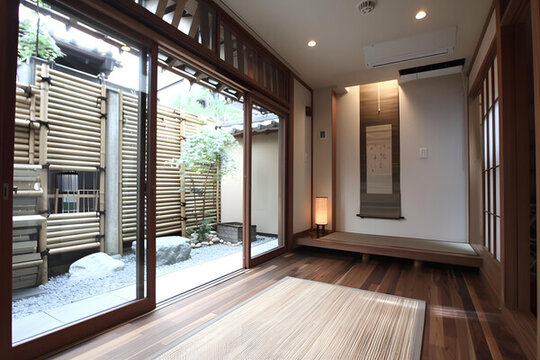 日式風(fēng)格室內(nèi)設(shè)計(jì)，帶小型花園景觀