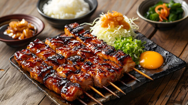 日式照燒雞肉串配米飯和蛋黃