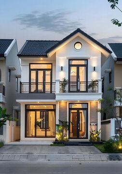 現(xiàn)代兩層帶陽臺和大型窗戶的住宅