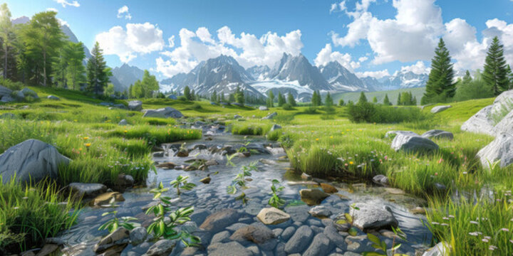 山谷中河流中的巖石遠(yuǎn)處是山脈