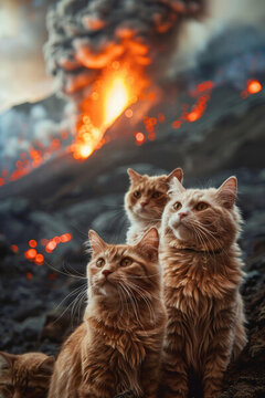 三只橘貓凝視火山爆發(fā)