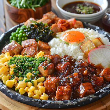 日式豬肉飯配米飯和蔬菜