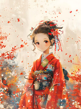 一個穿著紅色和服的美麗日本女孩