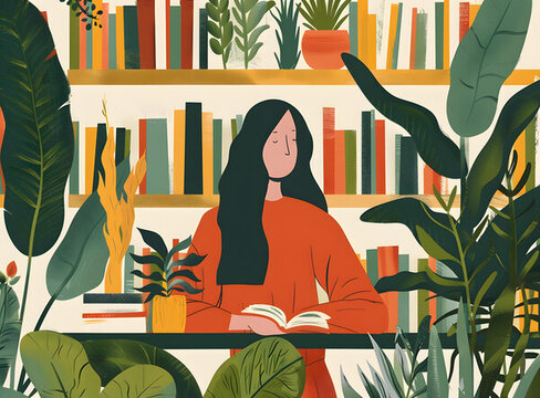 綠植環(huán)繞的讀書女人