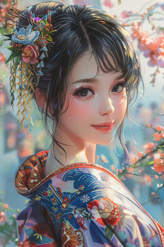 身穿和服的美麗日本女孩，她的頭發(fā)上裝飾著櫻花