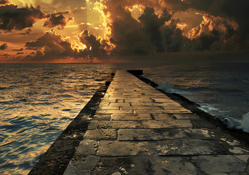 海邊夕陽下的石板路