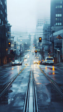 霧蒙蒙的城市街道和電車軌道