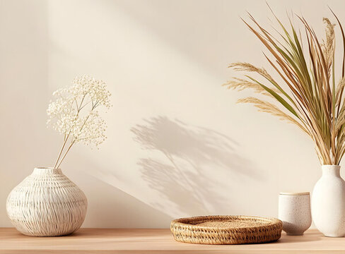 極簡家居裝飾，白色花瓶，干花，編織托盤