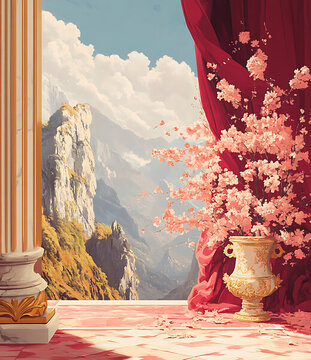 窗邊山景與花瓶