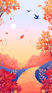 秋天風(fēng)景插畫，飛鳥在空中飛翔