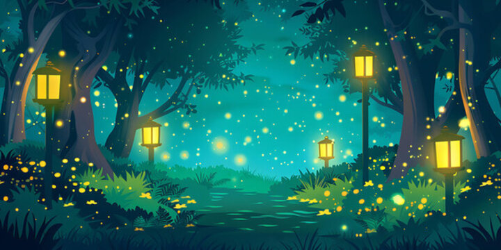 螢火蟲與燈籠的夜晚森林