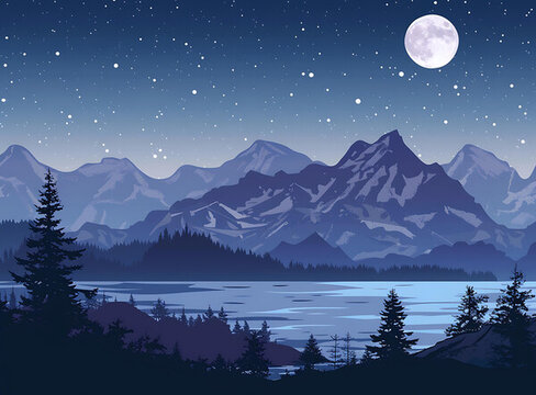 月夜山峰剪影與滿月繁星