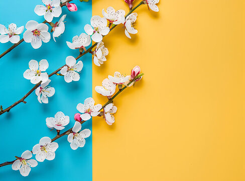 藍(lán)色黃色背景上的白色花朵
