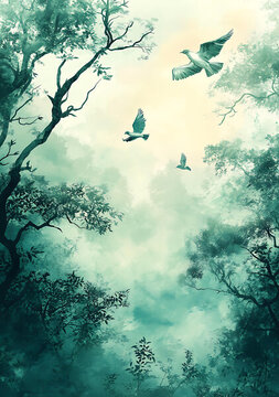森林背景圖，飛翔的鳥兒