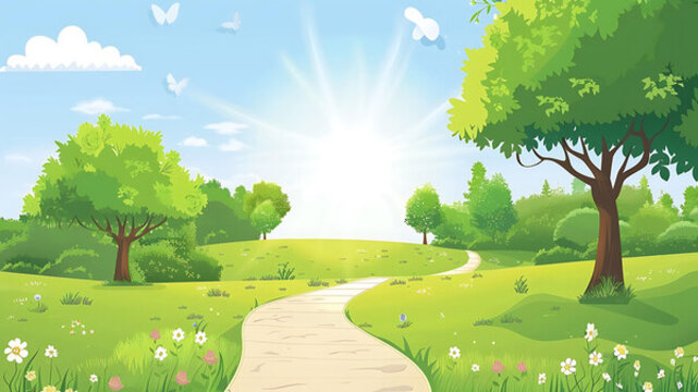 陽光明媚的綠草地風(fēng)景畫