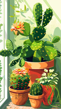 窗邊仙人掌植物盆栽插畫