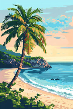 熱帶海灘夕陽棕櫚樹海景插畫