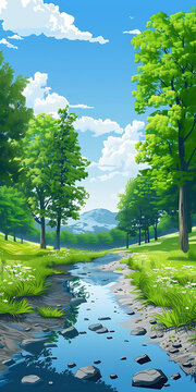 夏日溪流和樹(shù)木的風(fēng)景