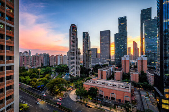 深圳福田城市建筑日落夜景風(fēng)光