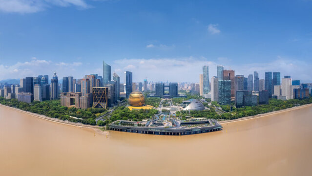 航拍杭州錢塘江錢江新城全景