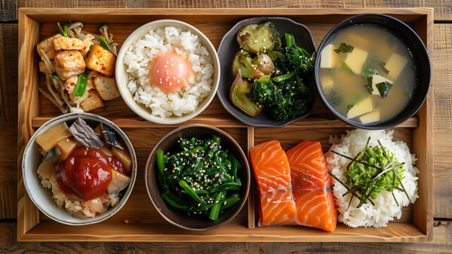 日式便當(dāng)盒，配有鮭魚、米飯和蔬菜