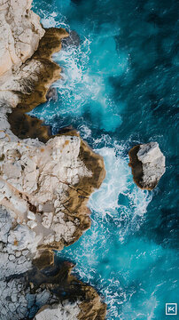 從高空俯瞰海浪拍打巖石