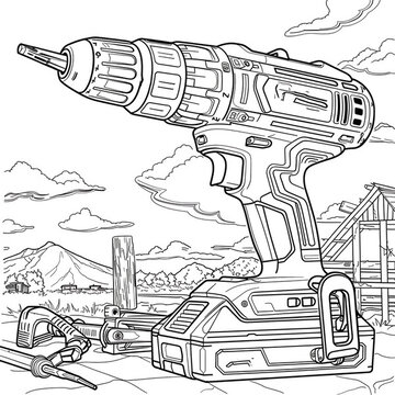 手繪素描插畫，展示了一把電鉆和它的配件