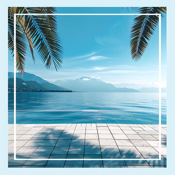 棕櫚樹下湛藍(lán)海景與山脈