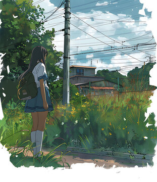 身穿校服的少女站在綠色的田野里