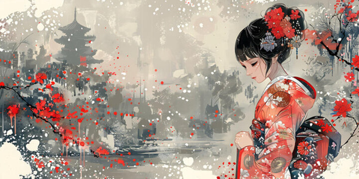 身穿和服的日本藝妓在櫻花樹下