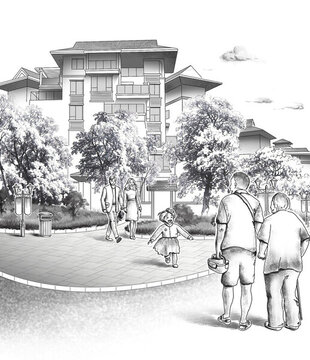 闔家團(tuán)圓生活場景素描插畫