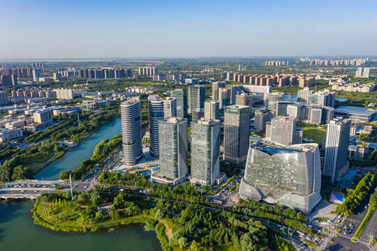 航拍鄭州龍子湖城市建筑群新城區(qū)