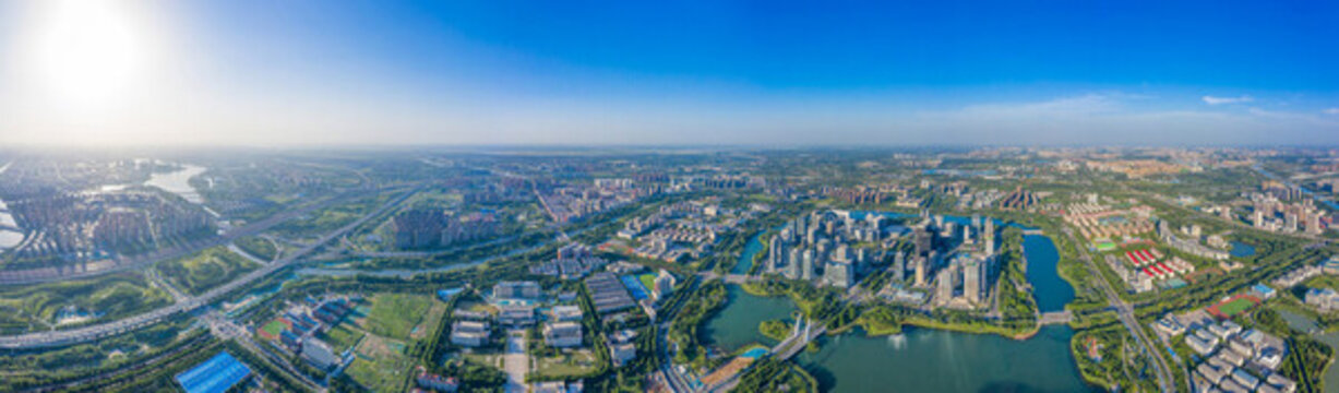 航拍鄭州龍子湖城市建筑群新城區(qū)