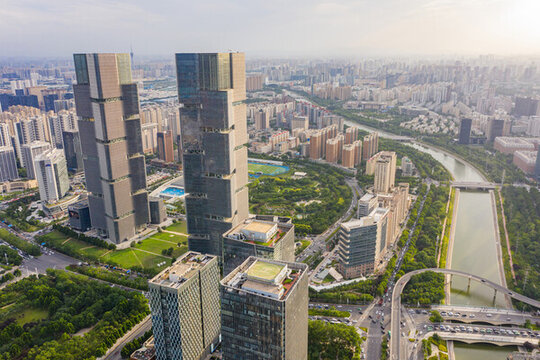 航拍鄭州綠地雙子塔城市摩天大樓
