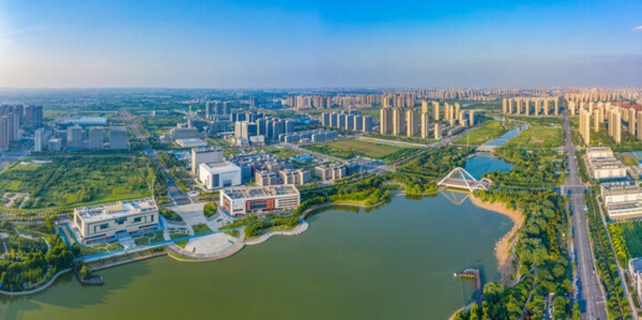 航拍鄭州天健湖公園城市綠色濕地