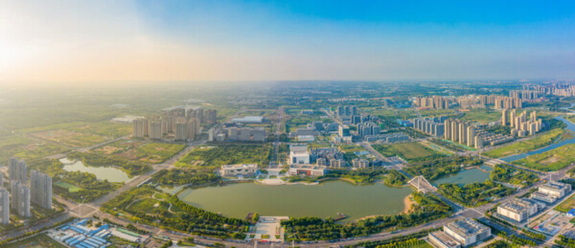 航拍鄭州天健湖公園城市綠色濕地